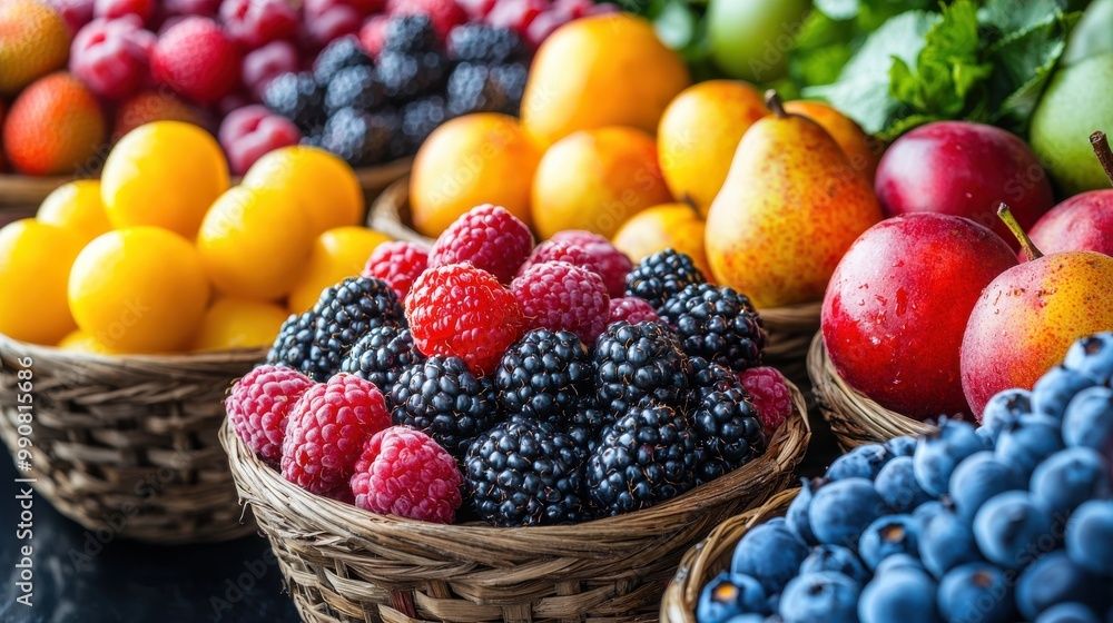 Vibrant assortment of fresh fruits in woven baskets displayed at a local market on a sunny day Vibrant assortment of fresh fruits in woven baskets displayed at a local market on a sunny day