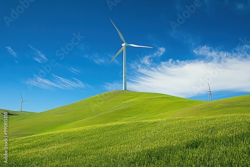 Wind turbines stand tall in a lush green field, their blades rotating gracefully in the breeze. The landscape is vibrant and serene, showcasing the harmony between nature and renewable energy.