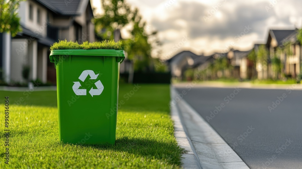 A green recycling bin sits on a grassy area beside a suburban street, promoting eco-friendly waste management in a residential neighborhood. A green recycling bin sits on a grassy area beside a suburban street, promoting eco-friendly waste management in a residential neighborhood.