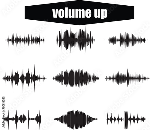 Volume Up Sound Waves Graphic: Black and White Vector Illustration of Audio Signal, Music Frequency, and Soundwave Visual Representation