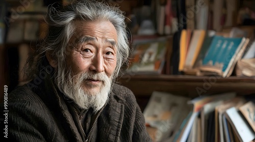 Elderly Asian man with a long beard and warm smile, seated among books.