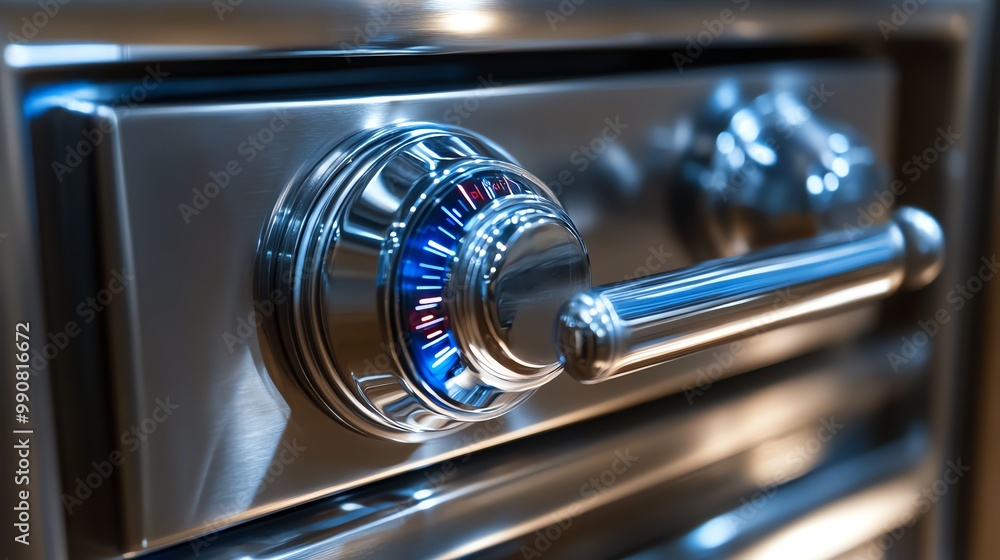 Close-up of a shiny, silver oven knob with a blue and red scale. Close-up of a shiny, silver oven knob with a blue and red scale.