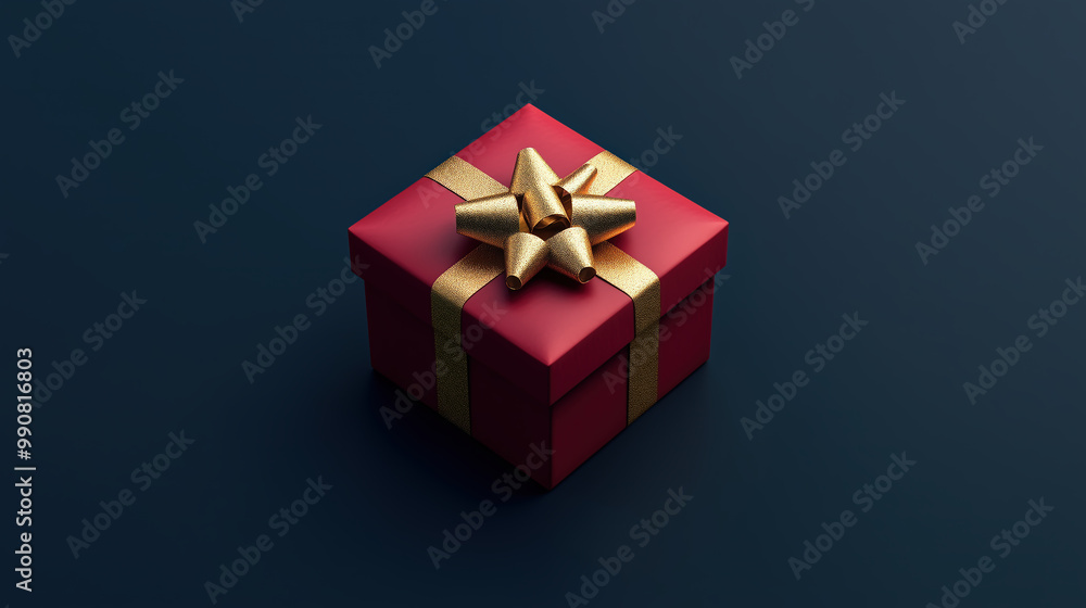 A red gift box with a festive golden ribbon on a dark blue background. A red gift box with a festive golden ribbon on a dark blue background.