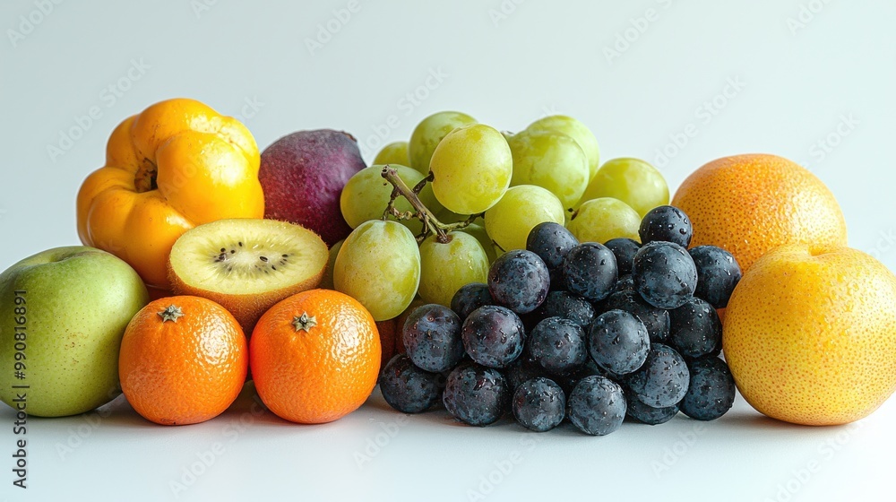 A vibrant collection of assorted fruits arranged on a white surface showcasing fresh produce in natural light A vibrant collection of assorted fruits arranged on a white surface showcasing fresh produce in natural light