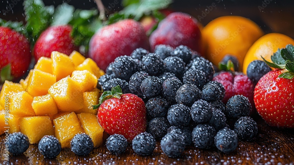 Freshly cut mango, strawberries, blueberries, and raspberries arranged on a wooden surface with a splash of water droplets Freshly cut mango, strawberries, blueberries, and raspberries arranged on a wooden surface with a splash of water droplets