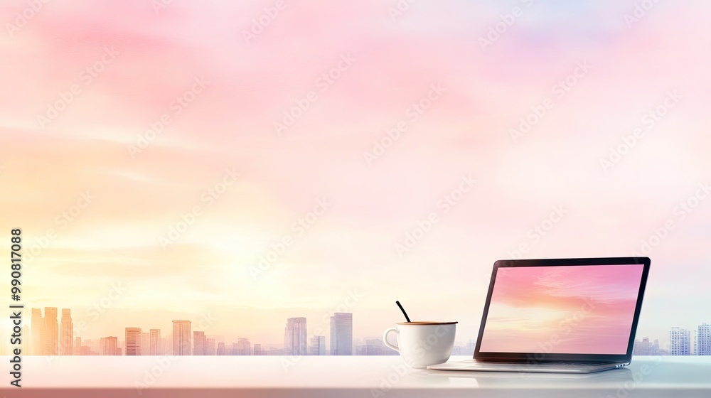 A serene workspace with a laptop and a cup, set against a colorful sunset over a city skyline. A serene workspace with a laptop and a cup, set against a colorful sunset over a city skyline.