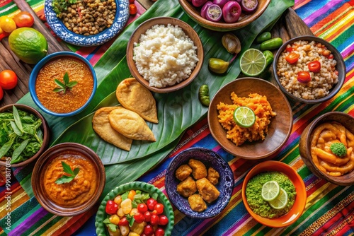 Traditional Salvadoran cuisine showcased on a vibrant tablecloth, featuring colorful ingredients and an array of delicious dishes, inviting everyone to savor its rich flavors.