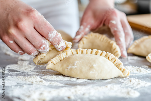 hands crimping edges of turnover dough, flour-dusted workspace photo