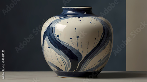 abstract illustration that merges the crisp details of porcelain painting with flowing shapes and muted blue, cream, and ivory tones, resembling the artistic quality of hand-painted porcelain vases photo