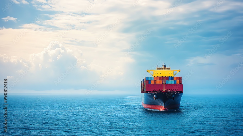 Fototapeta premium A large cargo ship sails on a calm ocean with a clear sky.