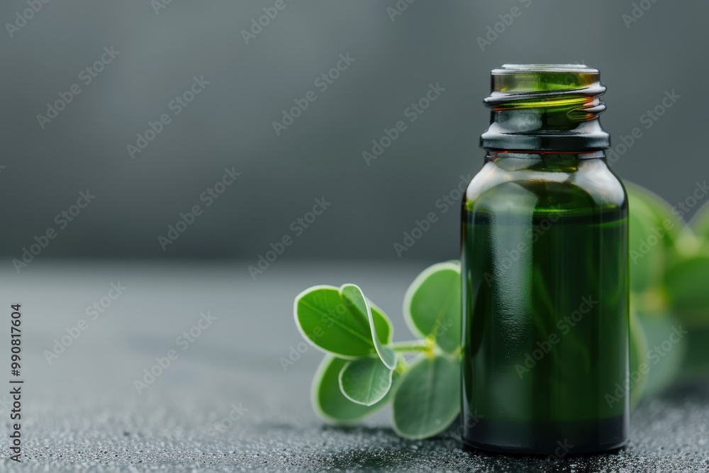 Closeup of a bottle of eucalyptus leaf extract.