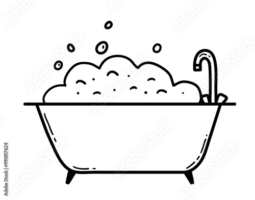 Line art vector illustration of bathtub with soap foam