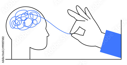 A hand untangles a blue line from a person s head, representing simplifying thoughts. Ideal for mental health, problem-solving, mindfulness, cognitive clarity, and personal development. Simple, clean,