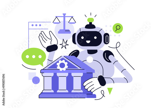 Robot character assistant provide legal advice. Artificial intelligence technology in law, law, justice, tax concept. Vector illustration.