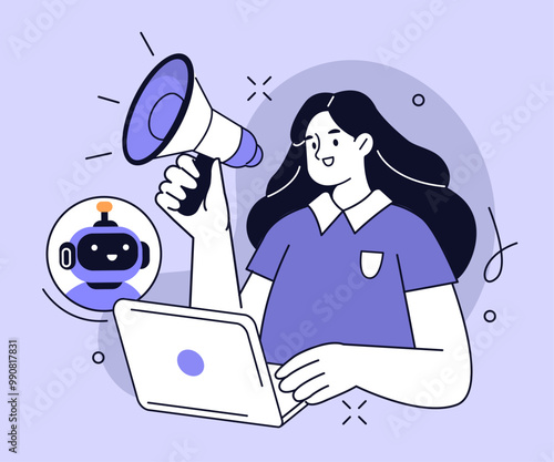 Woman hold megaphone and use ai tools, algorithms, machine learning in digital marketing. Artificial intelligence technology concept. Vector illustration.