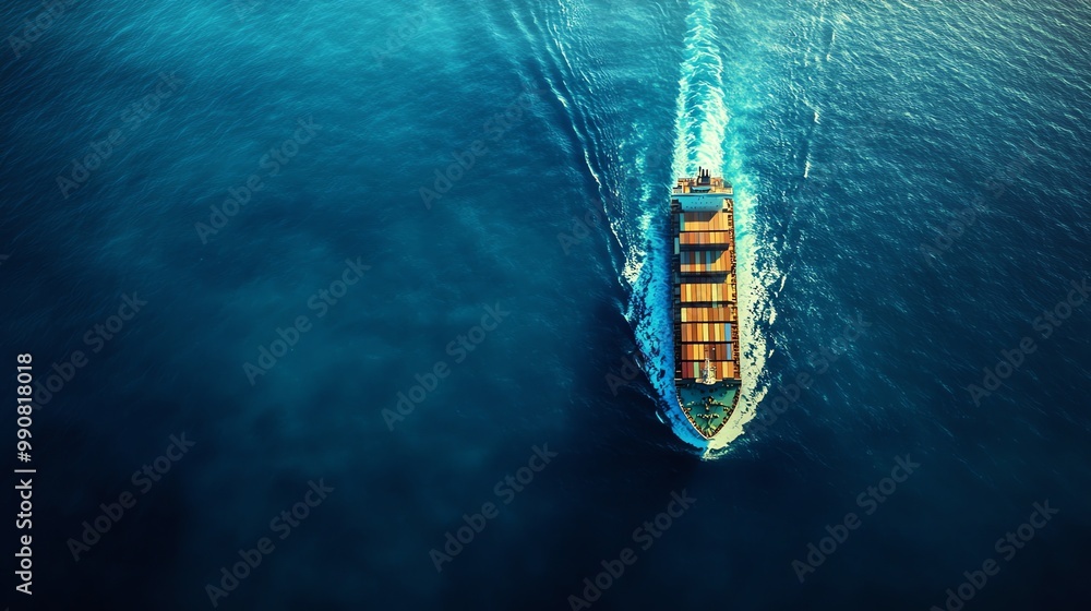 Aerial view of a large cargo ship sailing on the ocean. Aerial view of a large cargo ship sailing on the ocean.
