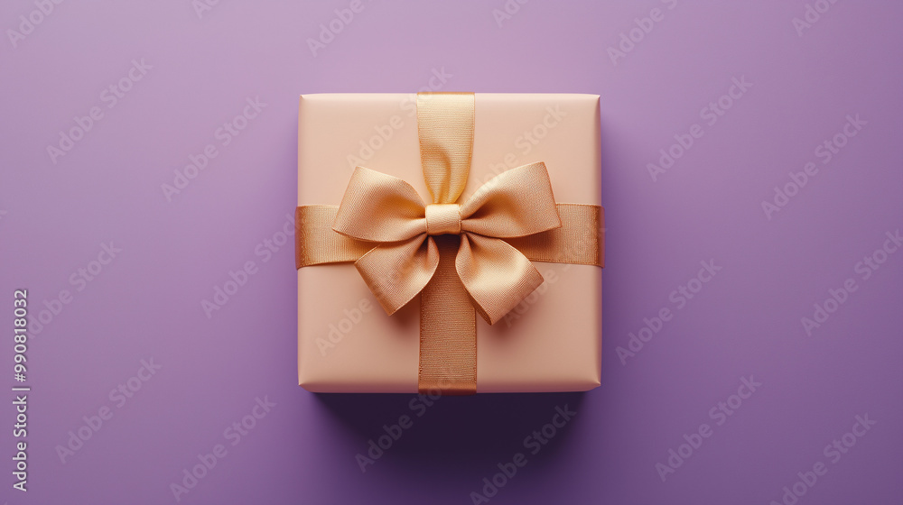 A beige gift box with a festive golden ribbon on a purple background. A beige gift box with a festive golden ribbon on a purple background.
