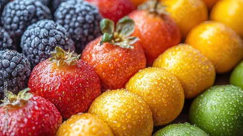 Freshly picked berries and various ripe fruits glistening with water droplets in a colorful arrangement on a wooden surface