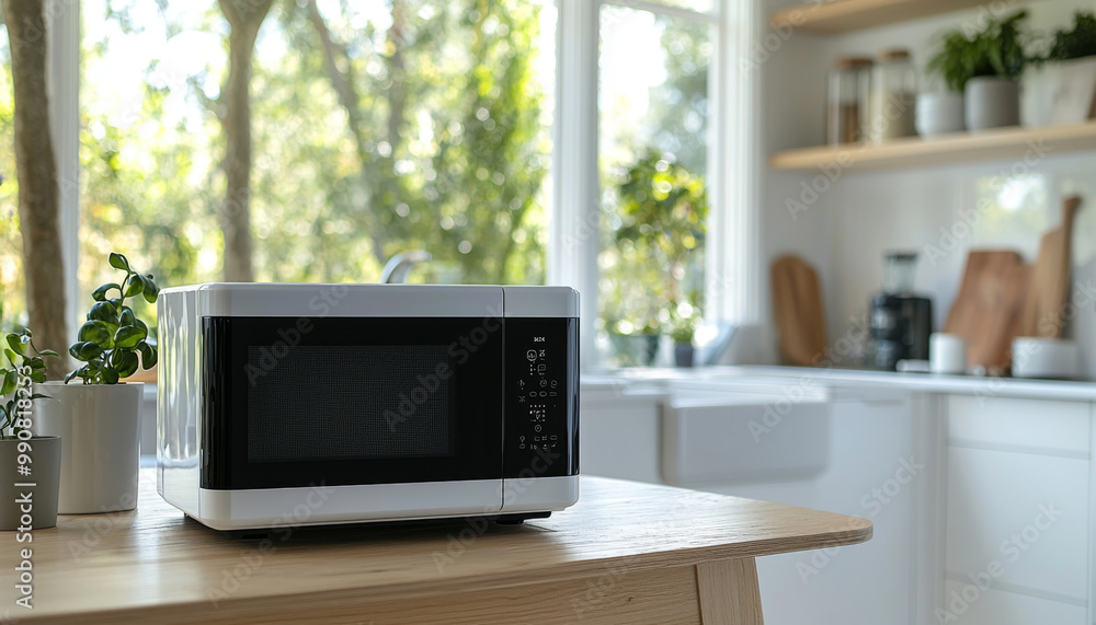 A modern kitchen scene featuring a microwave on a wooden table, surrounded by plants and natural light. A modern kitchen scene featuring a microwave on a wooden table, surrounded by plants and natural light.