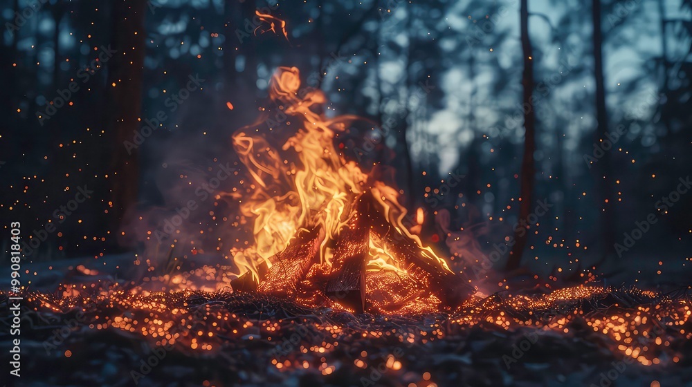 A close-up of a bonfire burning brightly in the forest at dusk, with sparks flying into the air and bokeh lights from trees in the background. A close-up of a bonfire burning brightly in the forest at dusk, with sparks flying into the air and bokeh lights from trees in the background.
