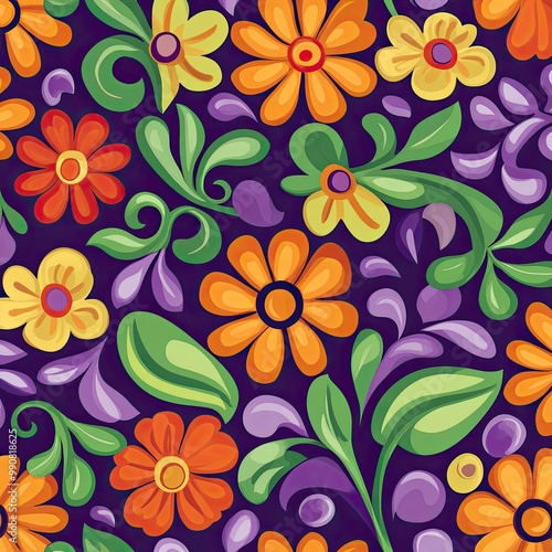 Vibrant floral pattern featuring colorful flowers and leaves on a deep purple background, perfect for textiles and designs.