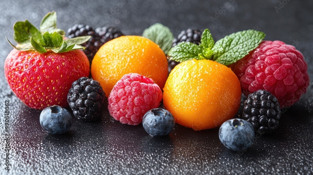 Fresh assortment of berries and melons arranged on a dark surface, showcasing vibrant colors and textures of summer's bounty Fresh assortment of berries and melons arranged on a dark surface, showcasing vibrant colors and textures of summer's bounty