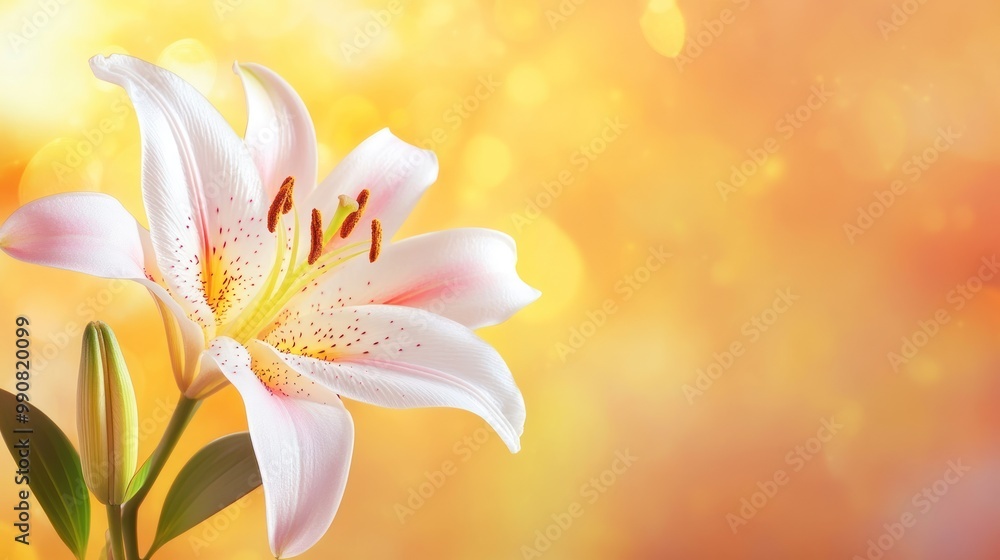 Fototapeta premium Close up of blooming Lily flower with blurred background, copy space.