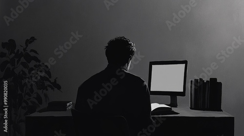 A man exhaustedly stares at a book on his desk, with a plain computer nearby, in a stark, minimalist room that intensifies the feeling of despair. photo