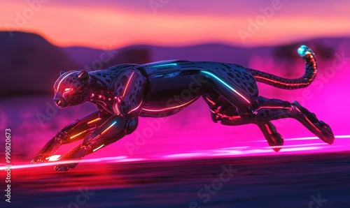 A robotic cheetah runs in a pink landscape.