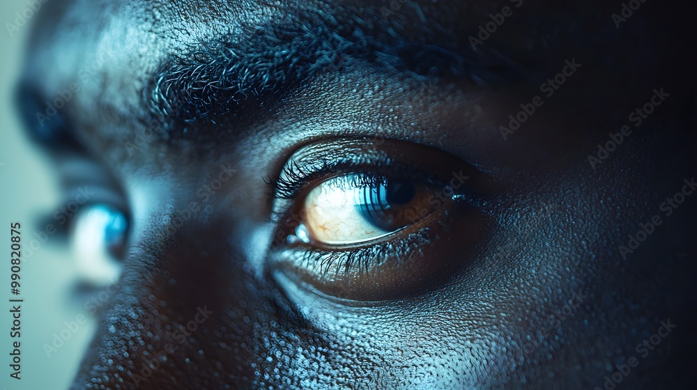 Close-up of a male subject's eye, showcasing intricate details and deep colors. Close-up of a male subject's eye, showcasing intricate details and deep colors.