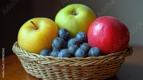 Fresh fruits arranged in a woven basket on a wooden table, showcasing yellow, green, and red apples with blueberries nearby