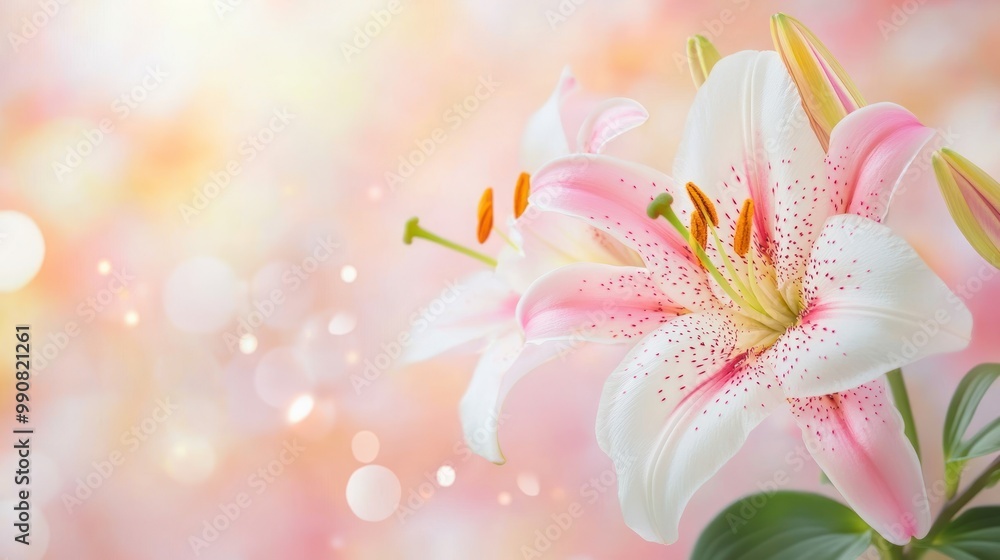 Fototapeta premium Close up of blooming Lily flower with blurred background, copy space.