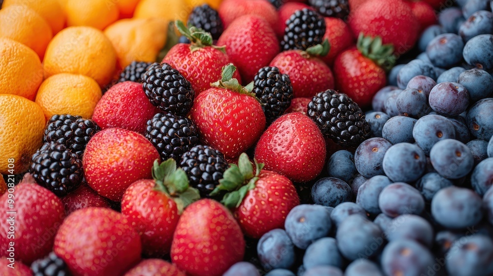 Fresh assortment of berries and citrus fruits arranged neatly in a vibrant display at a local farmers market during summer Fresh assortment of berries and citrus fruits arranged neatly in a vibrant display at a local farmers market during summer