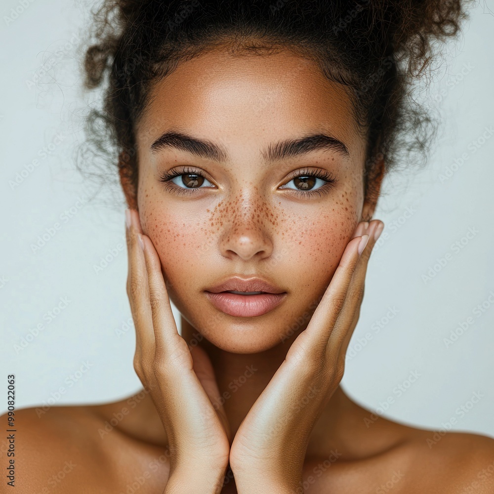 Portrait of a woman with curly hair and freckles Portrait of a woman with curly hair and freckles