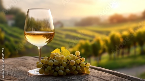 Glass of White Wine with Grapes in Vineyard photo