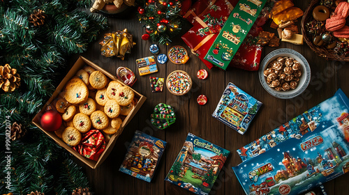 background with a holiday-themed family game night, featuring games, snacks, and cozy decorations