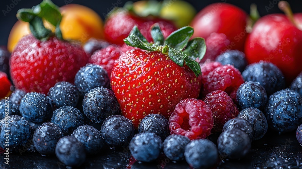Freshly picked strawberries, blueberries, and raspberries create a vibrant display on a dark background, highlighting their natural dewiness Freshly picked strawberries, blueberries, and raspberries create a vibrant display on a dark background, highlighting their natural dewiness