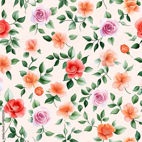 Wallpaper Mural A vibrant floral pattern featuring colorful roses and leaves on a soft, light background. Torontodigital.ca