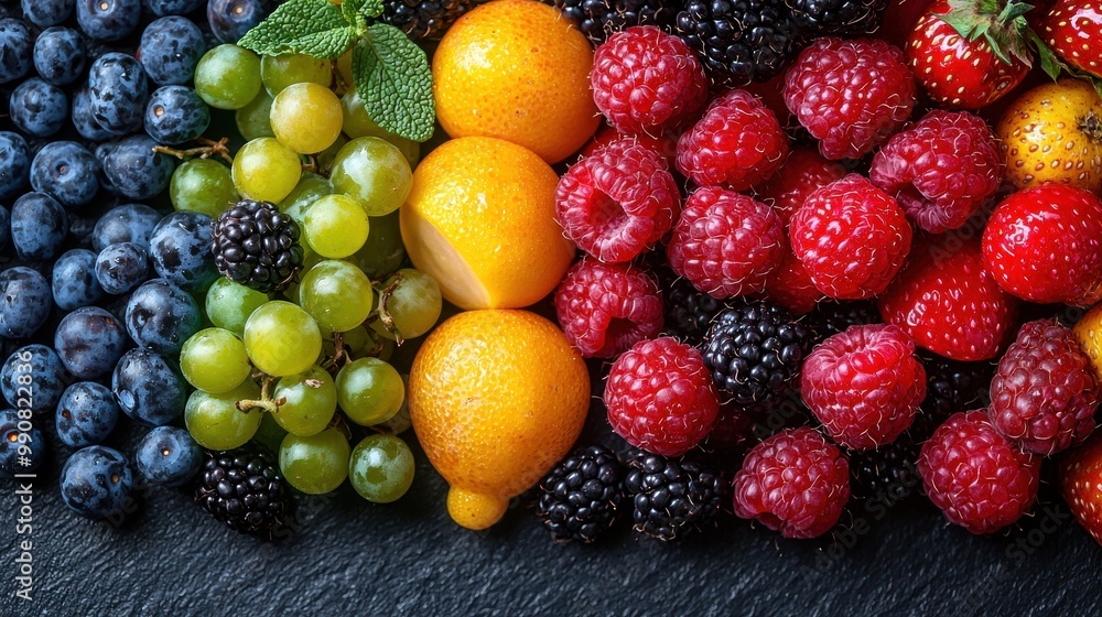A vibrant selection of fresh berries and citrus fruits arranged artistically on a dark background for a colorful display of healthy produce A vibrant selection of fresh berries and citrus fruits arranged artistically on a dark background for a colorful display of healthy produce