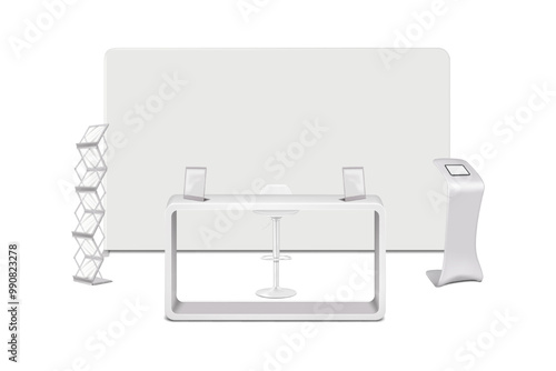 Trade show booth display kit mock-up. Expo tradeshow set template. Backdrop banner, exhibition counter, table sign holders, swivel bar stool, literature rack, tablet podium stand. 3d vector mockup