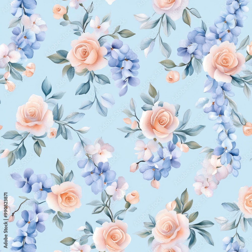 Soft floral pattern featuring pastel roses and blue blossoms on a light blue background, creating a serene and elegant atmosphere. Soft floral pattern featuring pastel roses and blue blossoms on a light blue background, creating a serene and elegant atmosphere.