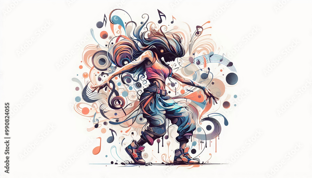 Abstract illustration of a female dancer in vibrant colors, expressing dynamic movement and energy Abstract illustration of a female dancer in vibrant colors, expressing dynamic movement and energy