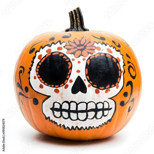 Pumpkin with Katrina skull makeup isolate don white background photo