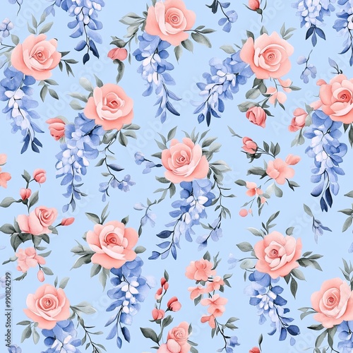 A beautiful floral pattern featuring pink roses and blue flowers against a soft blue background, perfect for textiles or decorative design. photo