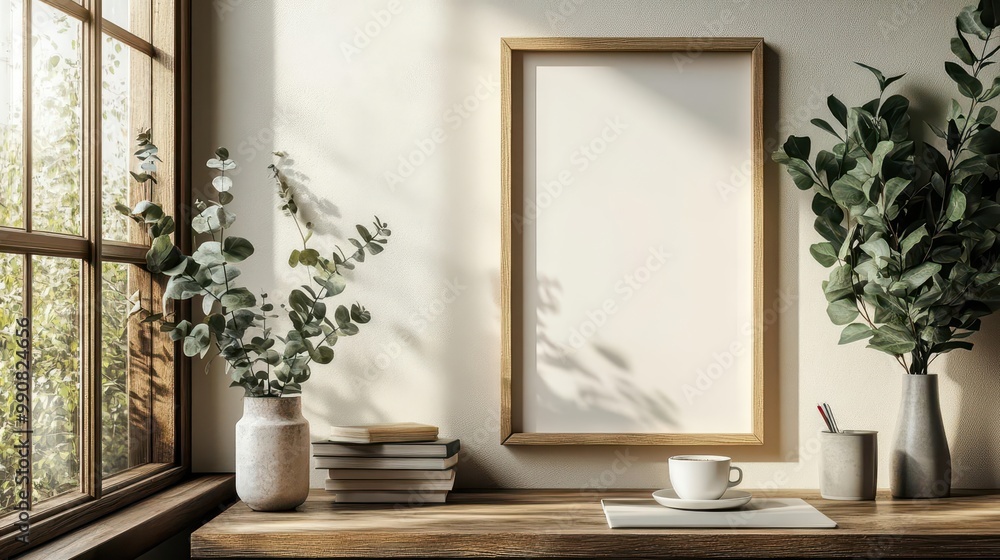 minimalist home office corner empty wooden picture frame on beige wall eucalyptus in vase coffee cup and books on desk minimalist home office corner empty wooden picture frame on beige wall eucalyptus in vase coffee cup and books on desk