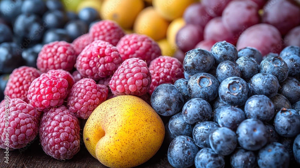 Freshly harvested berries and fruits arranged on a wooden table, showcasing vibrant colors and textures in a natural setting Freshly harvested berries and fruits arranged on a wooden table, showcasing vibrant colors and textures in a natural setting