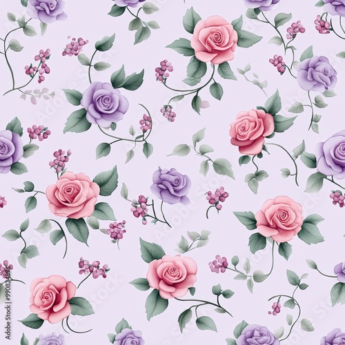 Wallpaper Mural A delicate floral pattern featuring pink and purple roses intertwined with green leaves and small berries on a soft light background. Torontodigital.ca