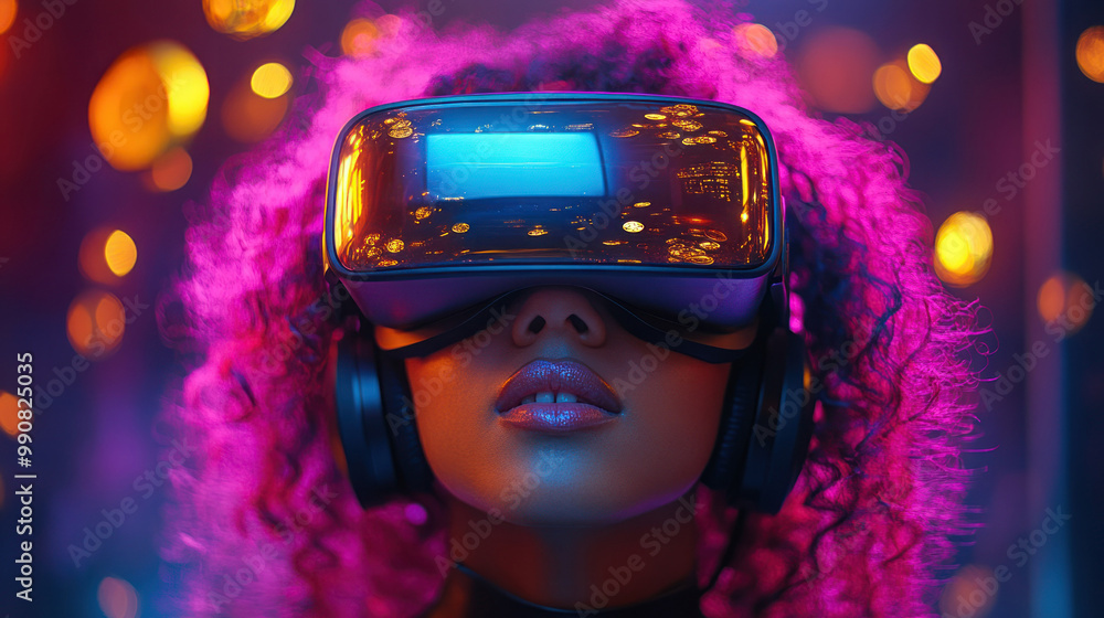 Rear view of person in VR headset with pink hair Rear view of person in VR headset with pink hair