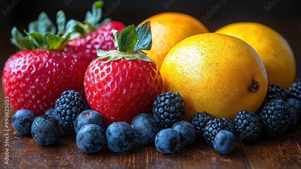 Vibrant display of fresh strawberries, blueberries, blackberries, and yellow fruit on a rustic wooden surface Vibrant display of fresh strawberries, blueberries, blackberries, and yellow fruit on a rustic wooden surface