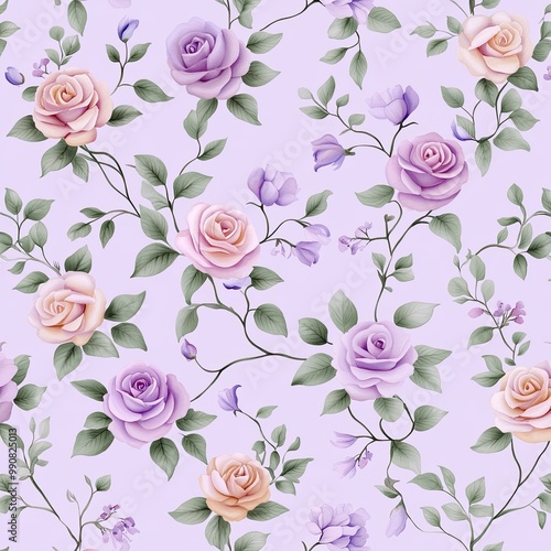 Wallpaper Mural A beautiful seamless pattern of pastel roses and delicate flowers on a soft lavender background, perfect for floral design and decoration. Torontodigital.ca